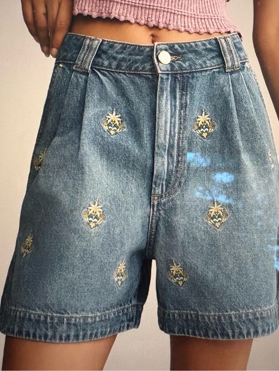 FARM Rio Pants - Farm Rio Embroidered Palm Tree Blue Denim Shorts - Women's